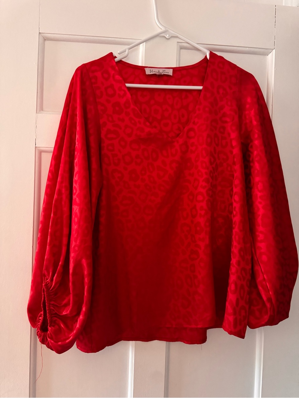 Vine & Love Red Leopard-Print Satin Blouse